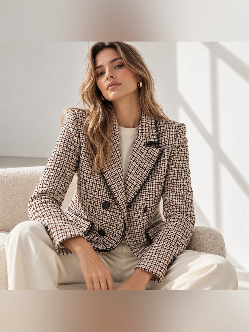 ZARA Women’s XS Tweed Double Breasted Blazer Cream Black Red Fully Lined